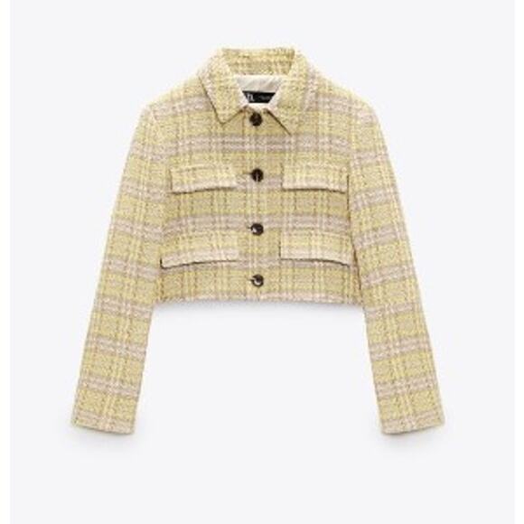 Zara Jackets & Blazers - Zara Beige & Yellow Plaid Textured Cropped Lapel Collar Blazer Size Large